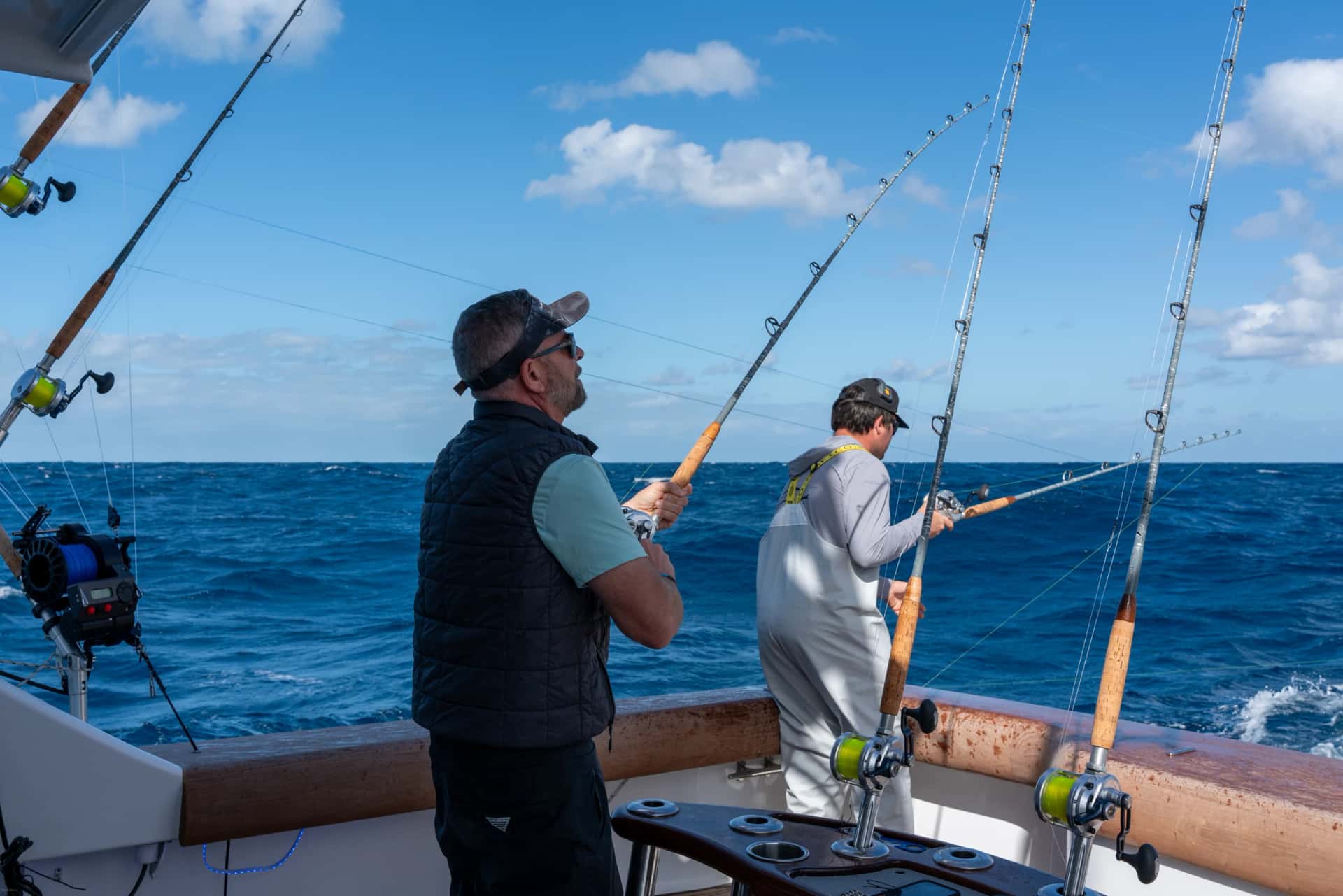 Tournament fishing rods setup on boat deck